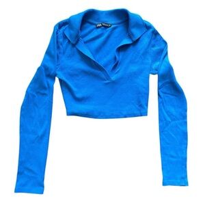 Zara Blue Crop Top Long Sleeve Collared Size Small